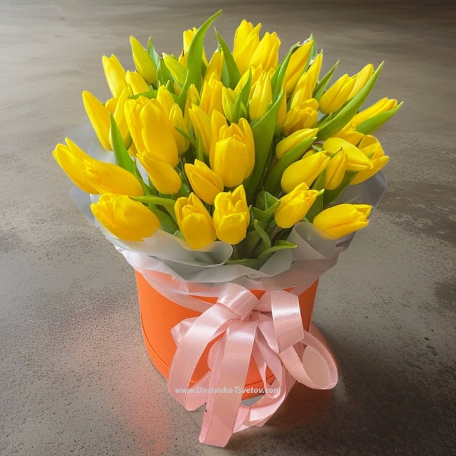 Цветы 51 тюльпан в коробке "Золотой Кристалл"