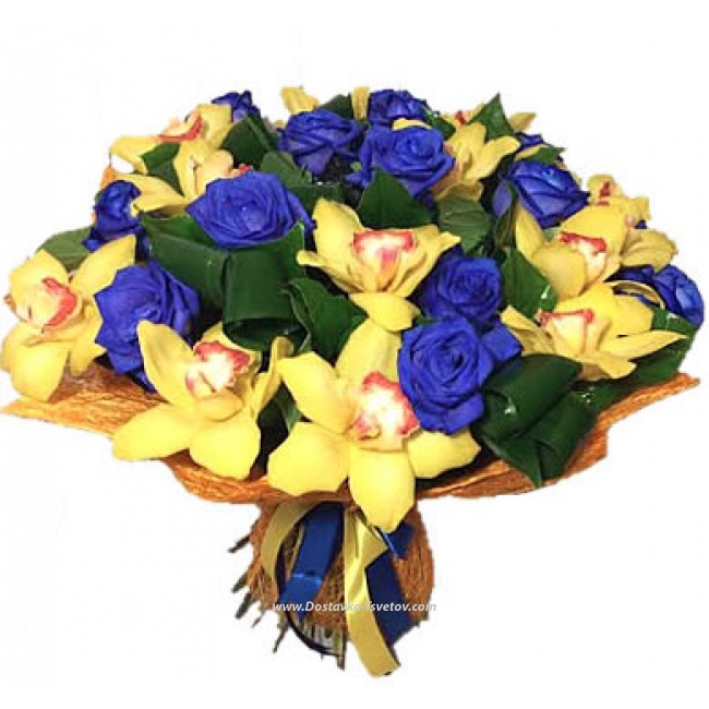 Букет из синих роз и орхидей "Аквариум"