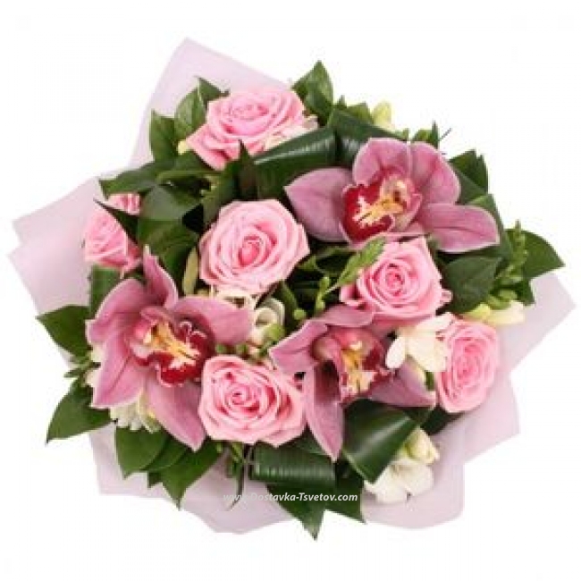 Розовые Розы Фрезии, розы и орхидеи "Флюиды"