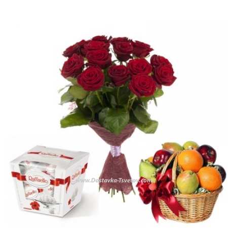 Красные Розы Цветы с фруктами "Летний"