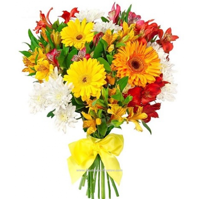 Цветы Букет из гербер, альстромерий и хризантем "Волшебный Мир"