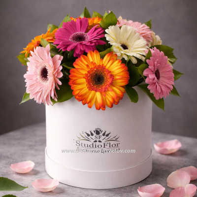 Разноцветные герберы в коробке "Эстелла"