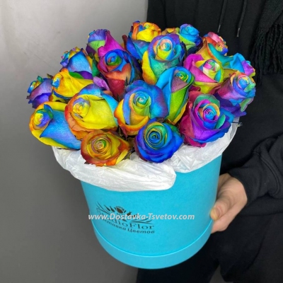 Коробка 25 радужных роз "Витраж"